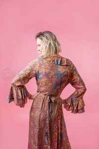 Vestido largo de fiesta con volantes, escote en V profundo, estampado Floral, lazo en la espalda, volantes, dobladillo y mangas - Product Image 3