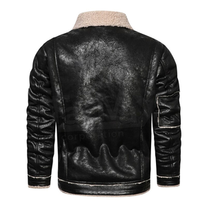 Fuax blouson en cuir véritable pour hommes, veste de moto avec col en fourrure - Product Image 3