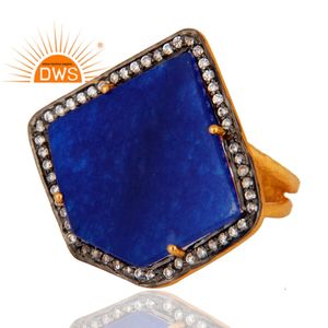 Bague en argent sterling plaqué or avec pierre précieuse aventurine bleue sertie à griffes, faite à la main, style indien, vente en gros de bijoux - Product Image 3