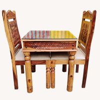 Ensemble de table à manger carrée en bois massif fait main avec 2 chaises, plateau en verre, design rustique, meubles de salle à manger pour restaurant, hôtel, café