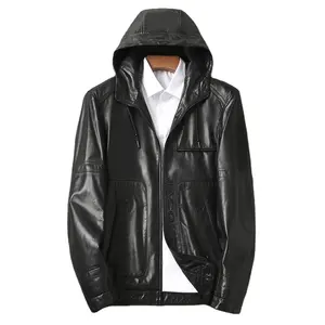 New Fashion winter jackets men hooded oil wax leather Goat sheep skin men's leather jackets- genuine leather