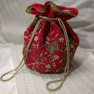 PRETTY POTLI BAG BEAUTIFUL WHITE WORK LATCAN & STYLISH ZARI EMBROIDERY on SILK FABRIC for PARTY & <b>WEDDING</b> @ 2022 - Product Image 1