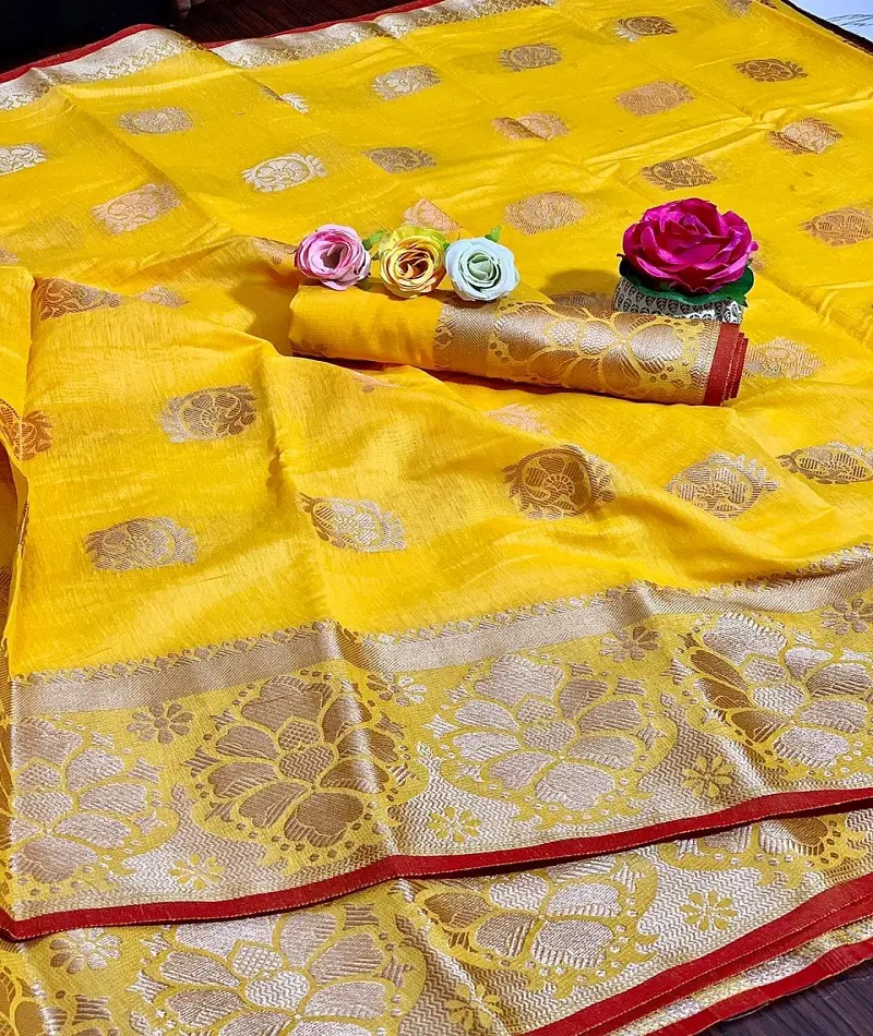 Soft linen silk saree with gold zari and meena work for wedding and special occasion