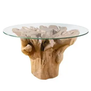 High Quality Modern Round DiningTable Glass and Trunk With Material Teak Wood Support