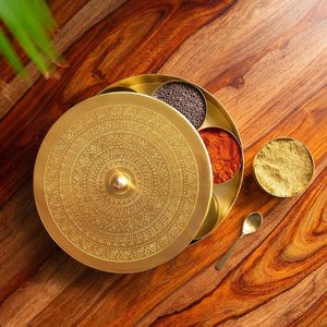Brass Spice Box Container Food Storage Seasoning Box Kitchen Tool Round Handmade Lid Vintage Box