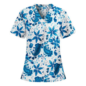 Belles blouses d'uniforme d'infirmière avec impression irrégulière, chemisier d'été col V à manches courtes pour femmes avec poche, 2019 - Product Image 5