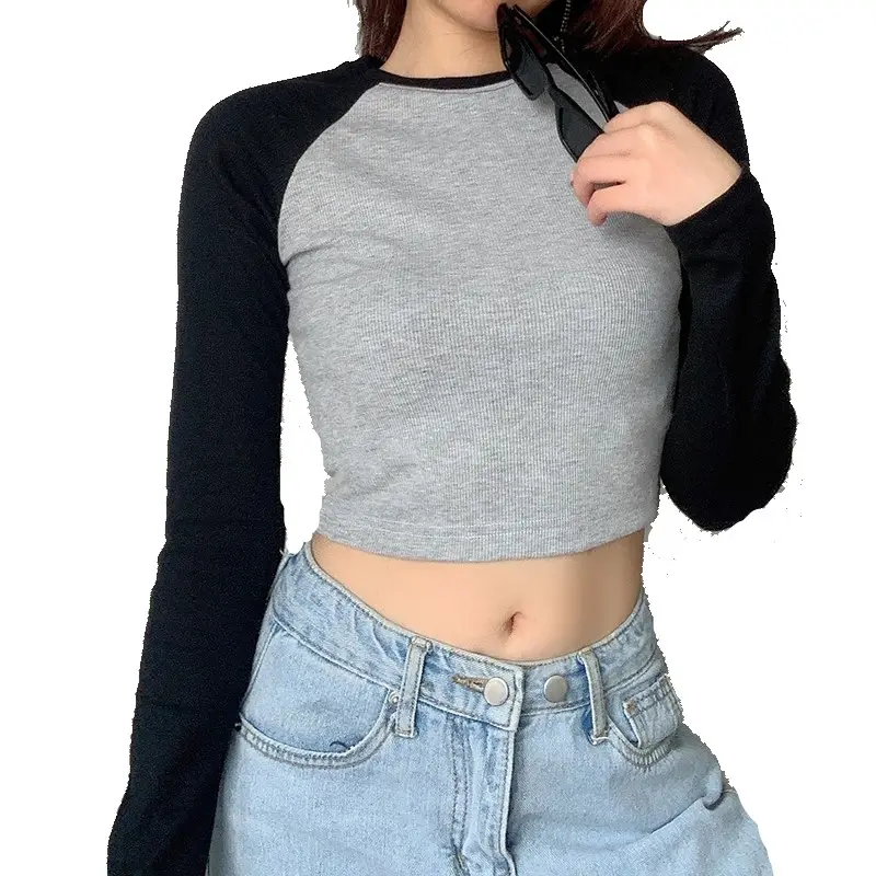 Новинка 2021, индивидуальная корейская мода, женские блузки, футболка с длинным рукавом реглан от поставщиков, Женский Повседневный базовый кроп-топ
