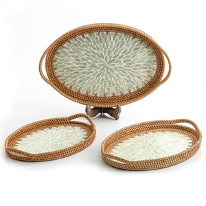 Rattan Wicker Trays with Mother of Pearl Inlay MDF Base and Insert Handle for Fruit Serving, <b>Coffee</b> <b>Table</b> Trays Handmade - Product Image 6