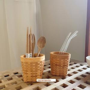 Portalápices retro tejido hecho a mano de viento vietnamita, soporte de madera maciza para escritorio, palillos, cucharas, tubo de almacenamiento, accesorios de adornos - Product Image 3
