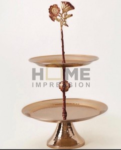 Gold Plated Shiny Luxury Modern Craft Fancy Design Metal Brass Branches Flower Leafs Designer Serving Cake Stand - Product Image 3