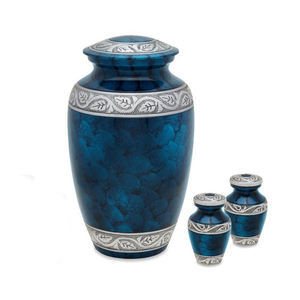 Urne funéraire en métal aluminium pour adulte avec 2 urnes souvenir, couleur bleue avec bande argentée pour les cendres humaines - Product Image 1