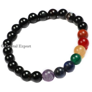 Black Agate 7 <b>Chakra</b> Folk Art Carved Etched Indian Art Collectible <b>Bracelet</b> - Product Image 1