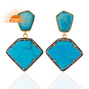 Cultured Turquoise Gemstone Earrings CZ Jewelry Wholesale 18k Gold Plated Sterling Silver Dangle Drop Earrings - Product Image 1