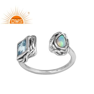 Natural Blue Topaz & Ethiopian Opal Ring Manufacturer Natural Fine 925 Sterling Silver For Girl's <b>Oxidized</b> Ring Jewelry - Product Image 1