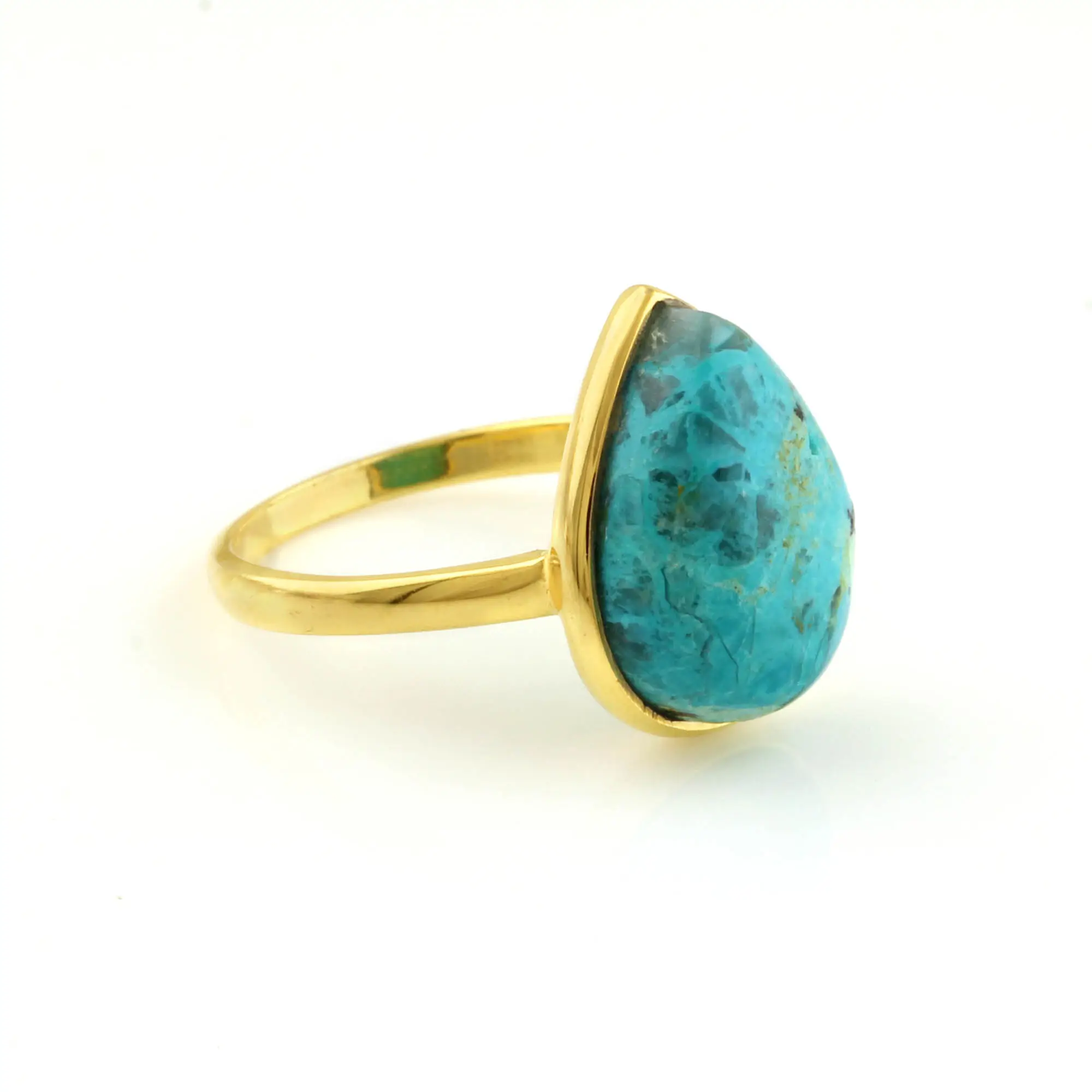 CCRGSGR Custom Natural Chrysocolla Gemstone 925 Sterling Silver 12x16 Pear Bezel Gold Plated Classy Unique Women Wedding Ring