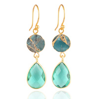 Pendientes con facetas aqua quartz y mohave, pendientes azules de cobre y turquesa, chapado en oro, pendientes galvanizados