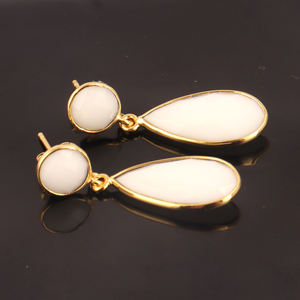 Fine Jewelry Round Pear Shape White Agate Double Stone <b>Teardrop</b> <b>Earrings</b> Gold Plated Bezel Setting Push Back <b>Stud</b> <b>Earrings</b> Gift - Product Image 4