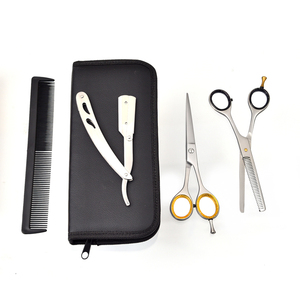 Professional Pair Of 02 Hair Saloon Barber Scissors <b>Kit</b> & <b>Shaving</b> Razor Stainless Steel 440C With Adjustable Finger Rest(SC011) - Product Image 1