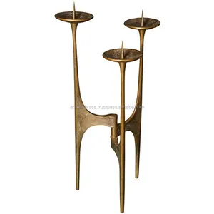 Metal Aluminium Brass Antique Finished Three Pillar Candle Holder Metal Taper Candle Holders Small Candlestick For Candlelight