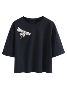 Nuevo Top corto de moda para mujer con mangas cortas sexy, decoraciones personalizadas con apliques de diamantes de retazos de lentejuelas, tela de malla hecha - Product Image 6