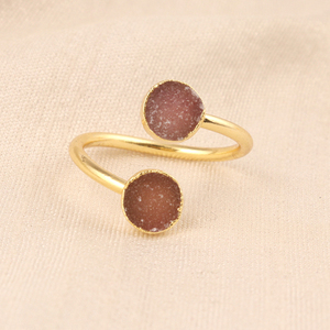 Última moda anillo minimalista 6mm forma redonda azúcar marrón Druzy anillo 24K oro galvanoplastia doble piedra ajustable anillo de mujer - Product Image 3