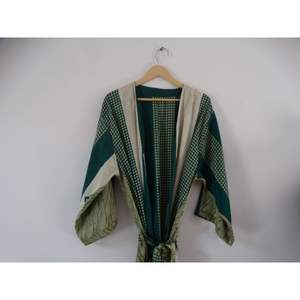 Green Colour Vintage Sleepwear Floral Kimono Indian Handmade Up-cycled Maxi Gown Silk Saree Dress Style Knee Length Bathrobe - Product Image 5