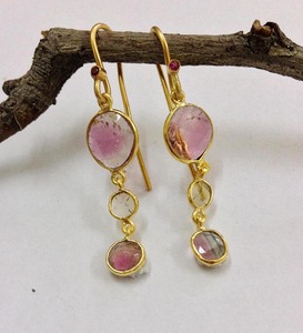 Pendientes de plata de ley 925 con diseño de sandía, pendientes de gemas de corte plano, de turmalina, varios colores - Product Image 2