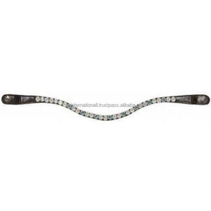 Classic Wave Shape High Quality Black Leather Horse Brow <b>Band</b> Diamante Brow <b>Band</b> with 1 Row of Multicolor Crystals <b>Snap</b> Loops - Product Image 1