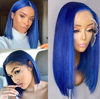 Rambut Palsu Renda Bob Cosplay Pendek Rambut Manusia Warna Biru Wig Rambut Manusia Dewasa