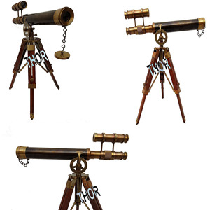 Télescope nautique antique en laiton à double baril avec jumelles trépied en bois fini laiton antique - Product Image 1