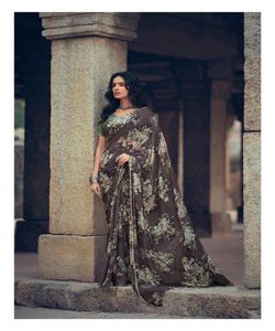 Vêtements de fête Designer brodé Net Soie Fleur Conception Indienne Dames Porter Orange Couleur Saree avec Blouse Pièce Perle Travail Sari Apparelgarment - Product Image 3