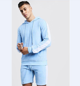 ชุดเสื้อผ้าออกกำลังกายของผู้ชาย,ชุดวอร์มลำลองสีน้ำเงินมีฮู้ดและกางเกงขาสั้นสำหรับฤดูร้อน - Product Image 4