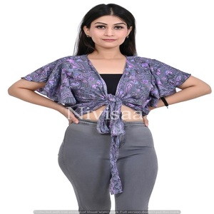 Tissu en Viscose de soie imprimé, haut court noué sur le devant, style Boho, vêtements de plage d'été, haut court pour femmes, au prix de gros - Product Image 1