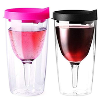 Gobelet à vin en acrylique avec couvercle à ouverture pour boisson, vente en gros, gobelet à vin en plastique à double paroi, gobelet à vin 10oz en plastique