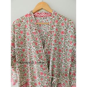 Aantrekkelijke Bloemenblok Bedrukte Badjas Lange Korte Gebloemde Kimono Gewaden Puur Katoen Western Stijl Zomer Thermisch Plus Size - Product Image 3
