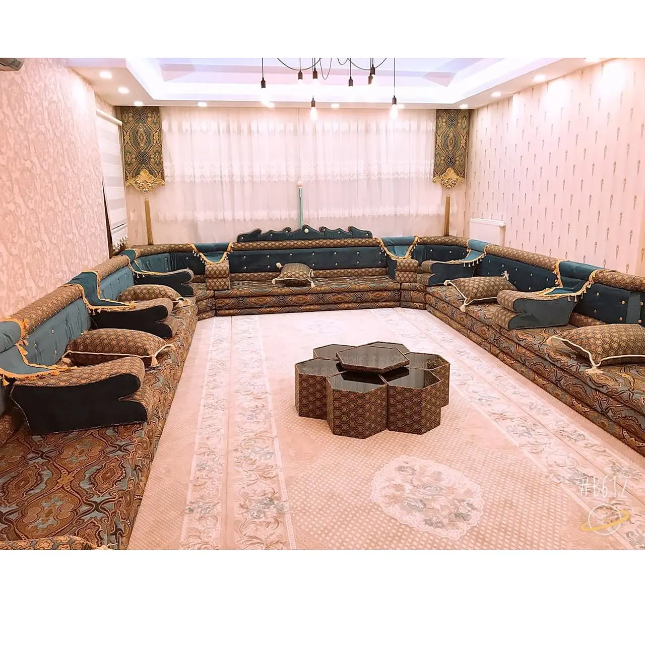 Ottoman Style Sofa Arabic Majlis Oriental Floor Seating | Sitting Height 35cm | Sofa + Wool Carpet + Curtain + Table Set FULL