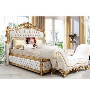 Victorian Style High Back Bed and Settee High Back Leather Tufted Bedroom Furniture Gold & <b>White</b> Polish Bed With <b>Nightstands</b> - Product Image 1