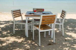Outdoor Teak Garden <b>Chair</b> Set <b>White</b> Frame Contemporary Design Durable Aluminum Tapered Legs Laser Printed - Product Image 4