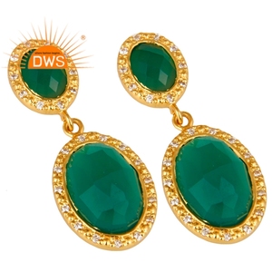 Boucles d'oreilles pendantes indiennes en onyx vert et zircon, plaquées or jaune 18 carats, bijoux de créateur, fournisseur - Product Image 2