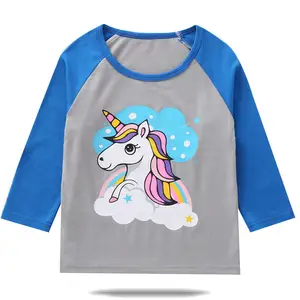 Wholesale cheap kids t shirts summer Girls and Boys Unicorn Print Long Sleeves Patchwork Casual Tops