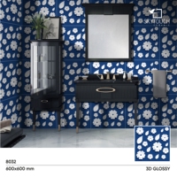 Azulejos de Porcelana Pulida SKYTOUCH con Patrón Floral 3D Azul Marino, 600x600mm, Diseño Oceánico para Baño