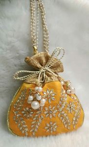 POTLI-BAG WITH STUNNING & BEAUTIFUL EMBROIDERY PEARLS, CRYSTAL GLASS BEADS WORK ON--BAGS FOR PARTY & <b>WEDDING</b> @ 2021 - Product Image 2