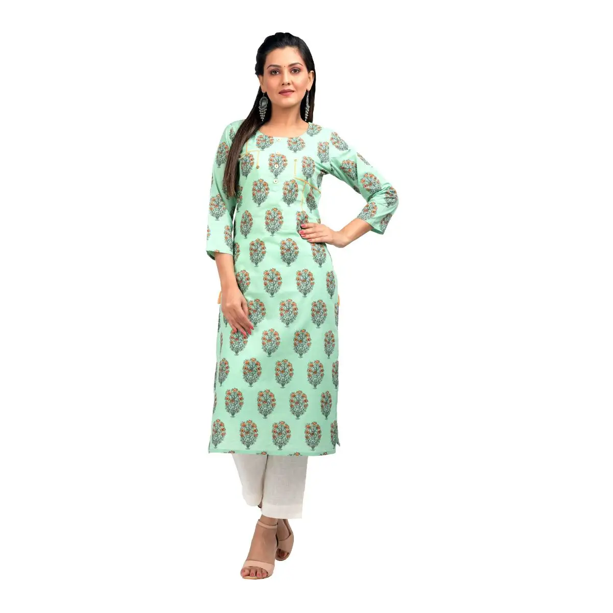 Latest designer wear Festival dress Green Handblock Buti Print Straight Kurta for womens and girls