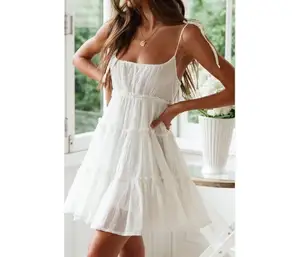 Vestido corto informal de algodón sin mangas con volantes para mujer, Túnica de moda elegante color blanco para Club nocturno, 100%