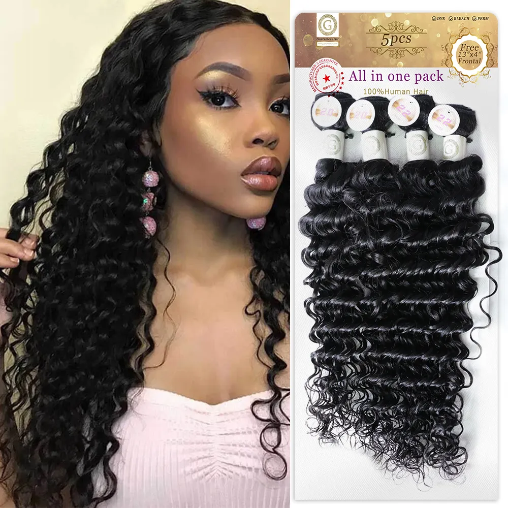Deep wave 100 % human hair packet hair 4 bundles with one frontal pure Human hair,can be dyed and bleaches