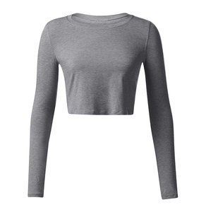 Femmes recadrée à manches longues Yoga haut Fitness Stretch course Sport chemise décontracté Slimfit XS-XL solide tricoté Lycra tissu pour - Product Image 4