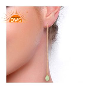 Boucles d'oreilles pendantes en argent sterling 925 plaqué or style indien avec pierre précieuse calcédoine préhnite - Bijoux tendance pour mariage et soirée - Product Image 3