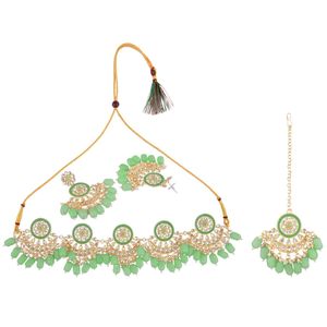 Collier ras du cou en émail indien en émail, Kundan, boucles d'oreilles maillet, ensemble de bijoux Tikka, menthe - Product Image 5