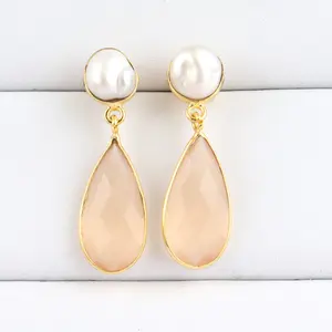 High grade briolette cut lite orange cats eye & fresh water pearl drop earring gold/silver plated statement drop dangle earring