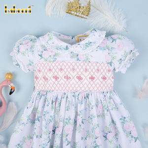 Robe smockée florale écologique ODM BB2179 pour bébé fille, manches courtes, dentelle décontractée, tissée, sport, courte, mi-longue, automne, 100% coton - Product Image 3